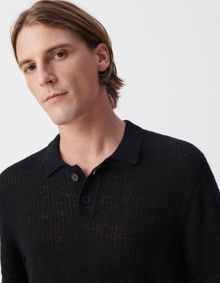 Ikks Polo Noir Tricot Ajouré Fantaisie Homme