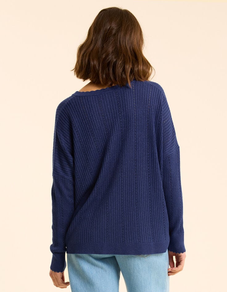 Ikks Pull Bleu Tricot Côtelé Ajouré Lurex I.Code