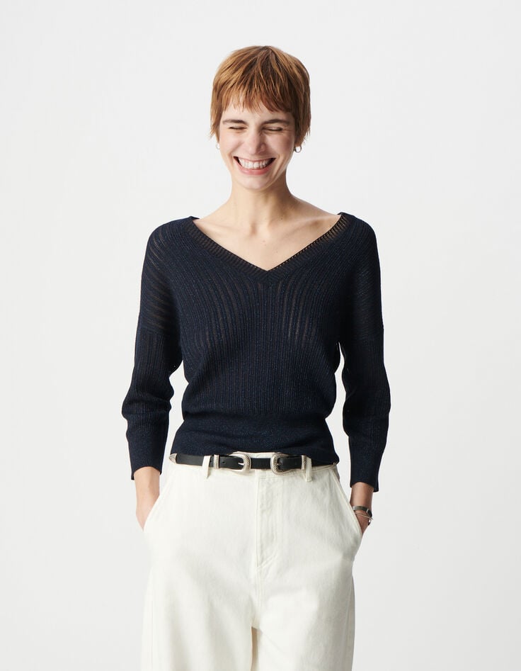 Ikks Pull Chic Marine Tricot Lurex Ajouré Femme