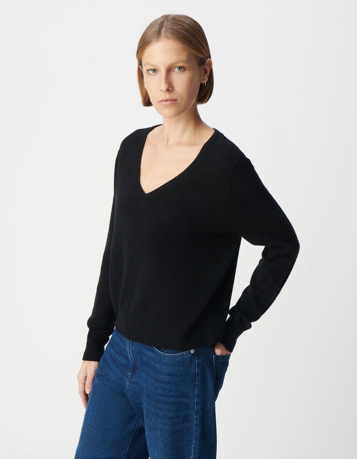 Ikks Pull Noir Tricot 100% Laine Encolure V Femme
