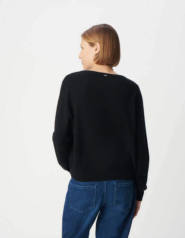 Ikks Pull Noir Tricot 100% Laine Encolure V Femme