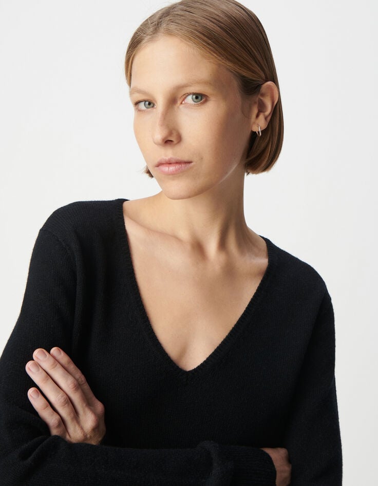 Ikks Pull Noir Tricot 100% Laine Encolure V Femme