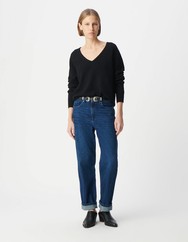 ikks Pull noir tricot 100% laine encolure V Femme