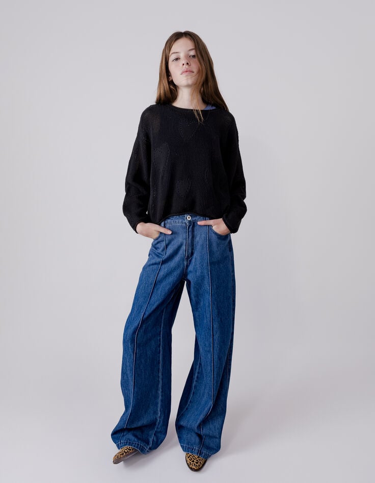 Ikks Pull Noir Tricot Ajouré Motif Cœurs Fille