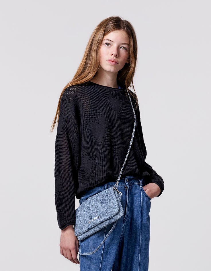 ikks Pull noir tricot ajouré motif cœurs fille