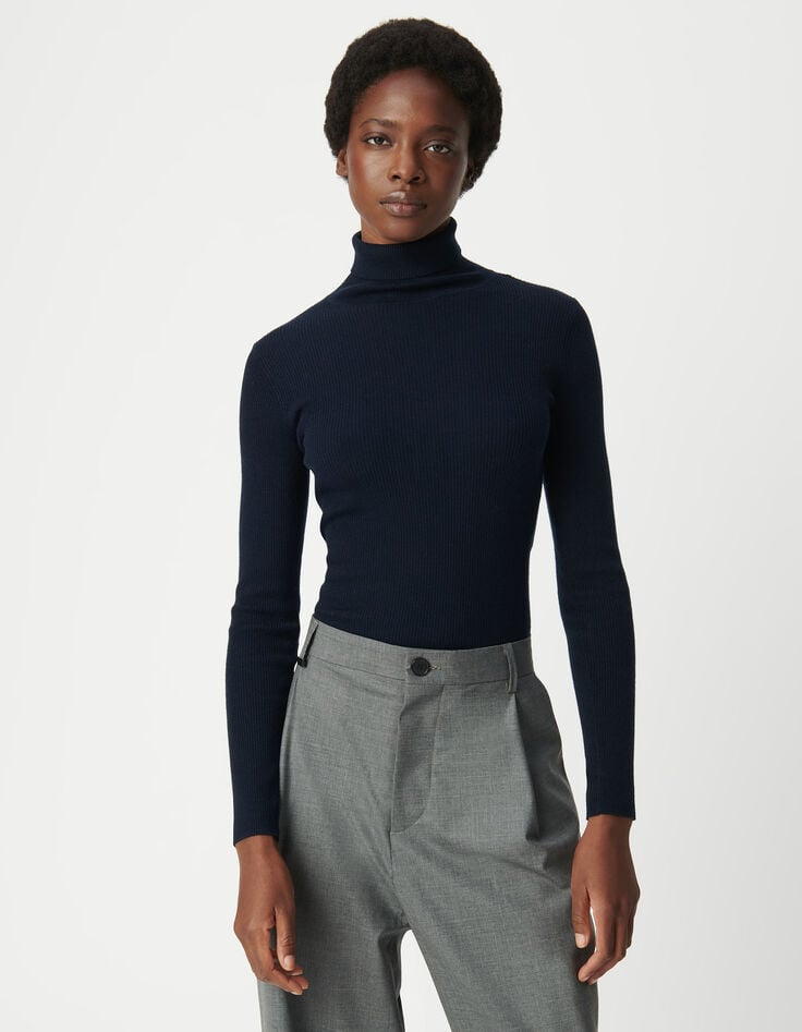 Ikks Pull Noir Tricot Côtelé Col Roulé Femme