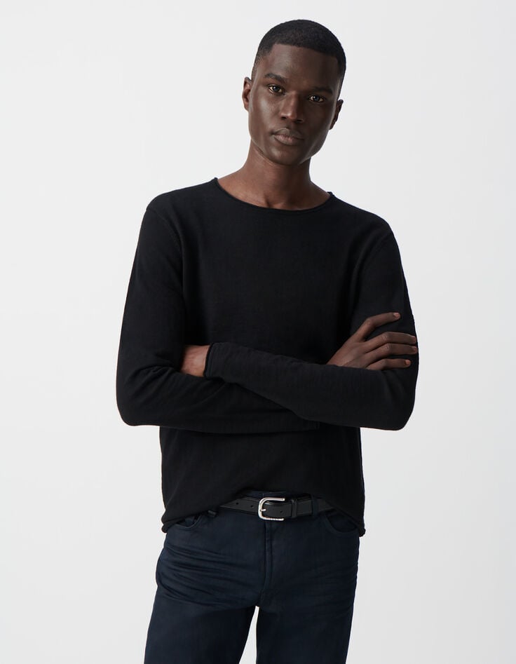 Ikks Pull Noir Tricot Fin Bords Roulottés Homme