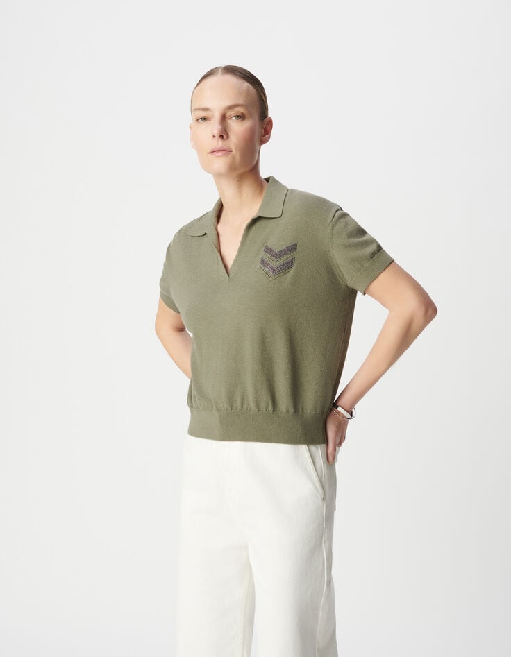 Ikks Pull Polo Kaki Tricot Broderie Chevrons Femme