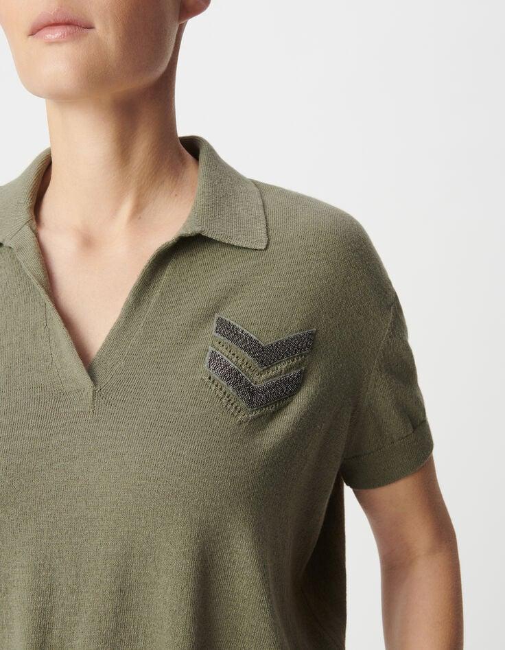 Ikks Pull Polo Kaki Tricot Broderie Chevrons Femme