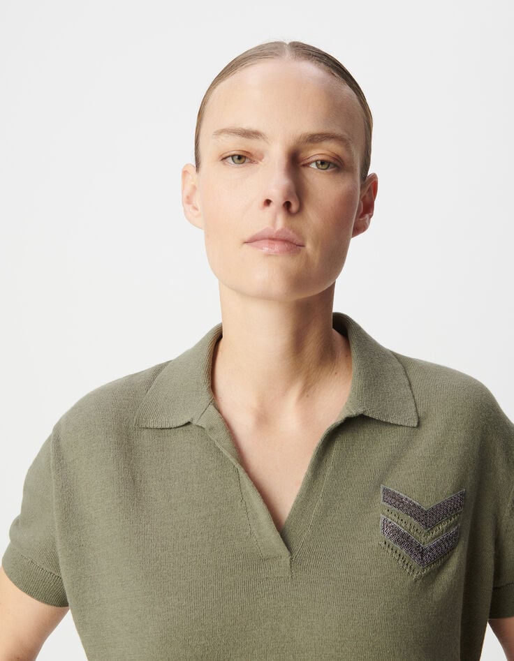 Ikks Pull Polo Kaki Tricot Broderie Chevrons Femme