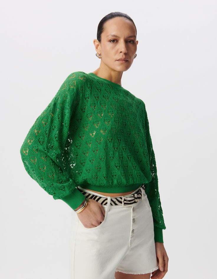 Ikks Pull Vert Tricot Ajouré Façon Crochet