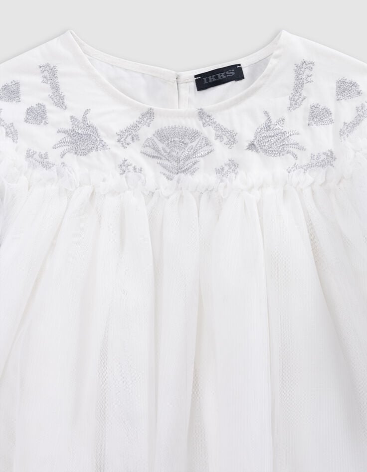Ikks Robe Blanche Tulle Broderies Argentées Fille