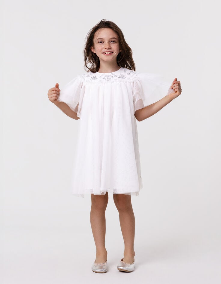ikks Robe blanche tulle broderies argentées fille
