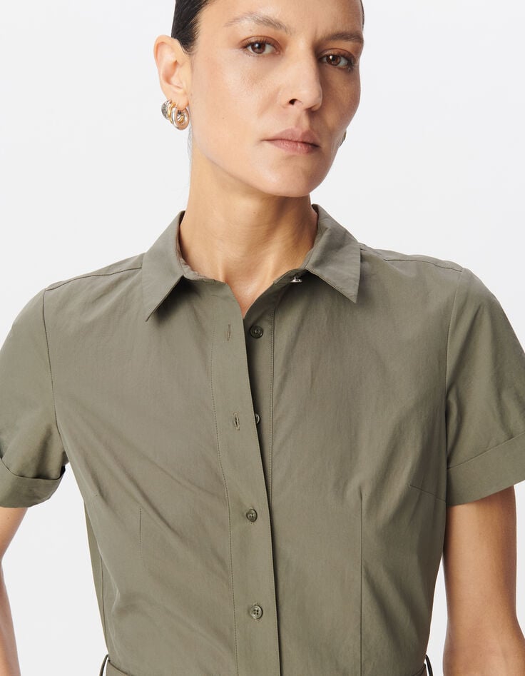 Ikks Robe Chemise Kaki Ceinturée Longueur Midi