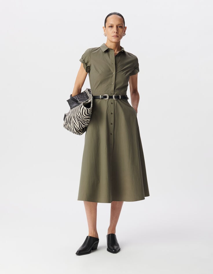 ikks Robe chemise kaki ceinturée longueur midi