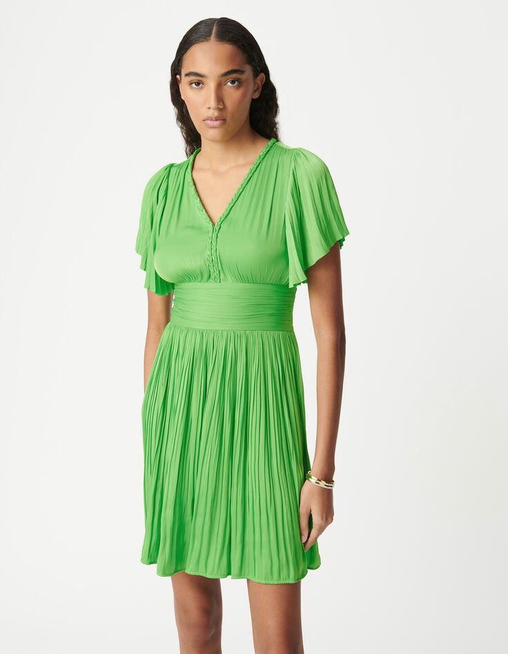 Ikks Robe Courte Verte Satinée Plissée Femme