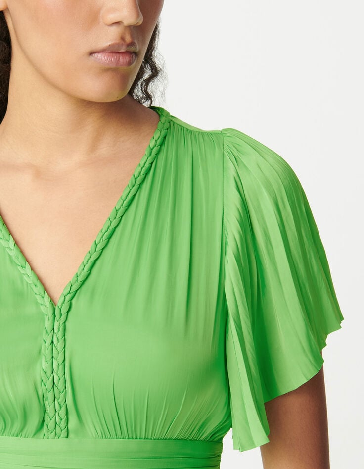 Ikks Robe Courte Verte Satinée Plissée Femme