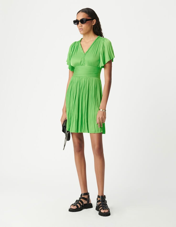 ikks Robe courte verte satinée plissée Femme