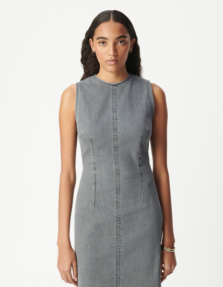 Ikks Robe Fendue En Jean Gris Sans Manches Femme