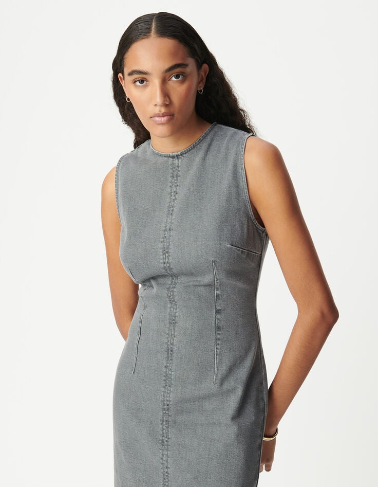 Ikks Robe Fendue En Jean Gris Sans Manches Femme