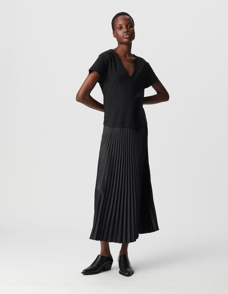 Ikks Robe Longue Noire Bi-matière Plissée Femme