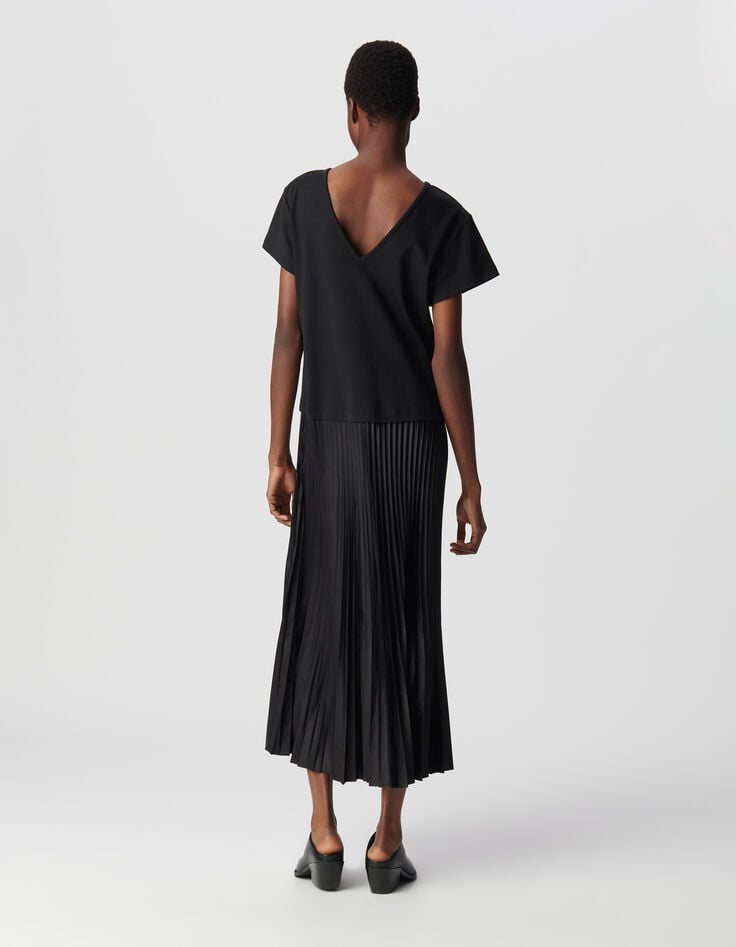 Ikks Robe Longue Noire Bi-matière Plissée Femme
