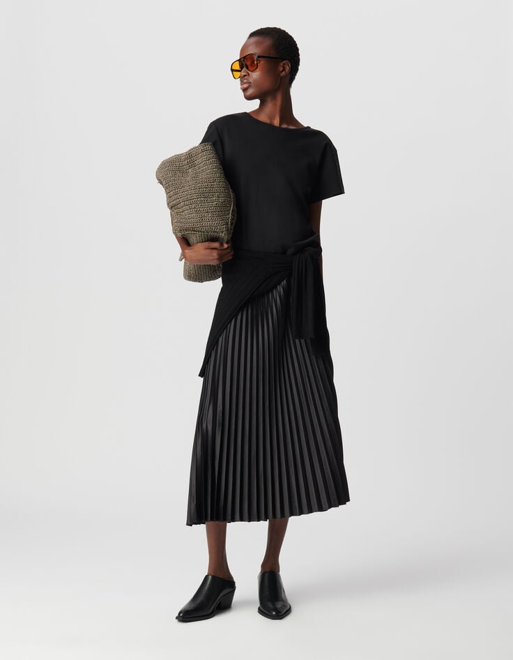 ikks Robe longue noire bi-matière plissée Femme