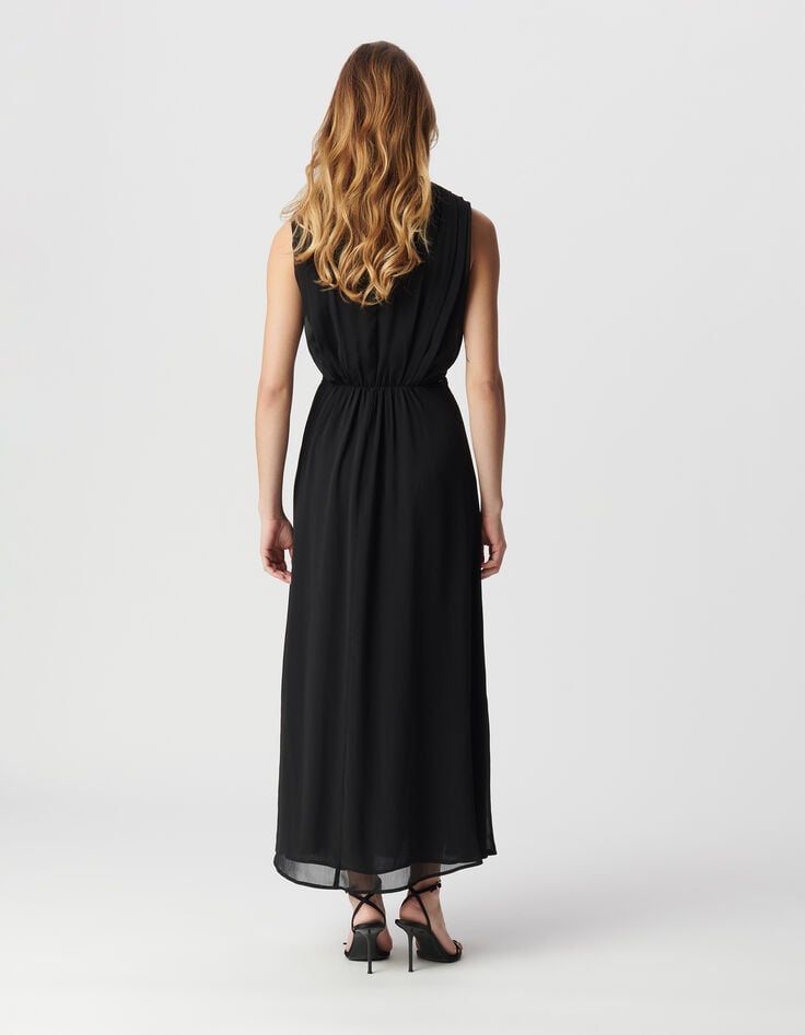 Ikks Robe Longue Noire Détail Plissé Taille Femme