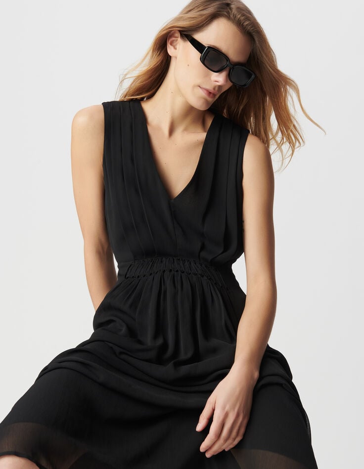 Ikks Robe Longue Noire Détail Plissé Taille Femme