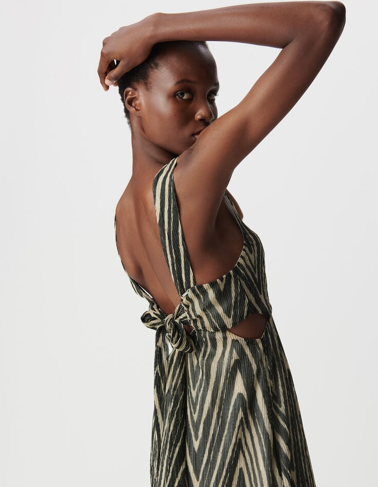 Ikks Robe Longue Noire Motif Chevrons Dorés Femme