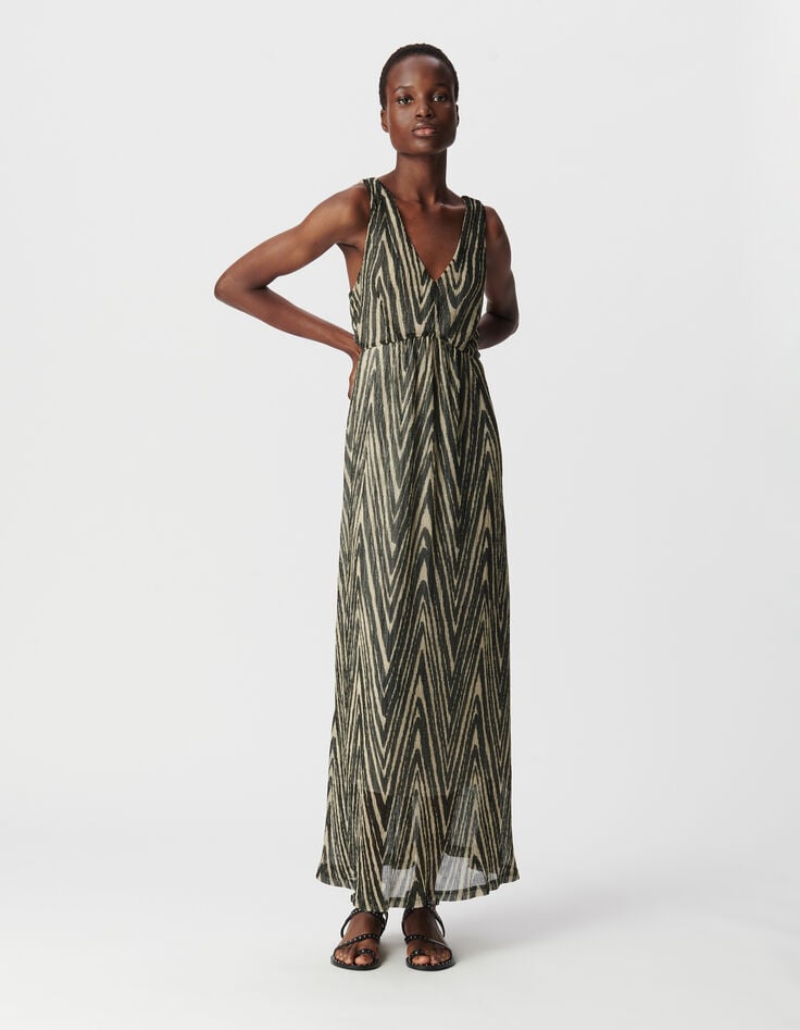 ikks Robe longue noire motif chevrons dorés Femme