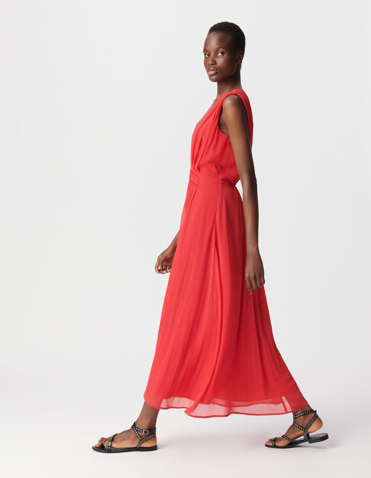 Ikks Robe Longue Rouge Détail Plissé Taille Femme