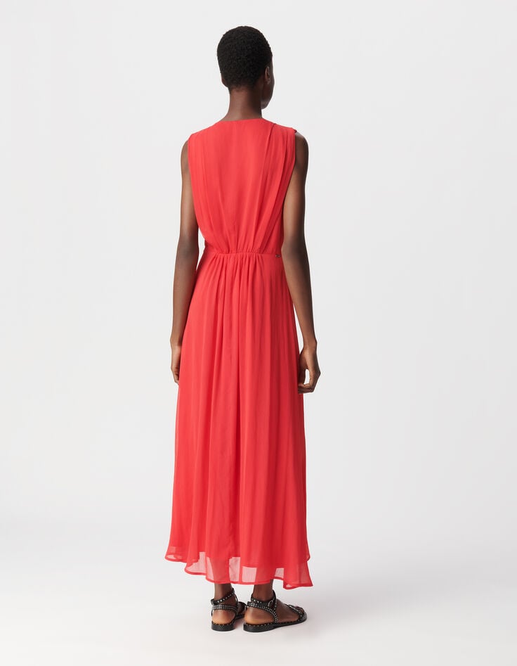 Ikks Robe Longue Rouge Détail Plissé Taille Femme