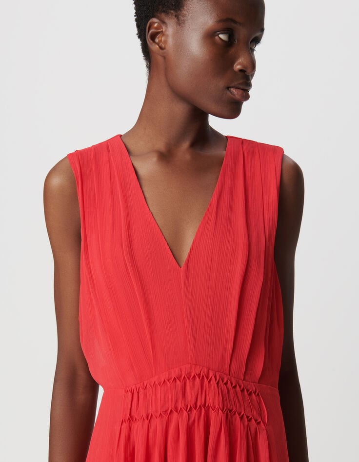 Ikks Robe Longue Rouge Détail Plissé Taille Femme