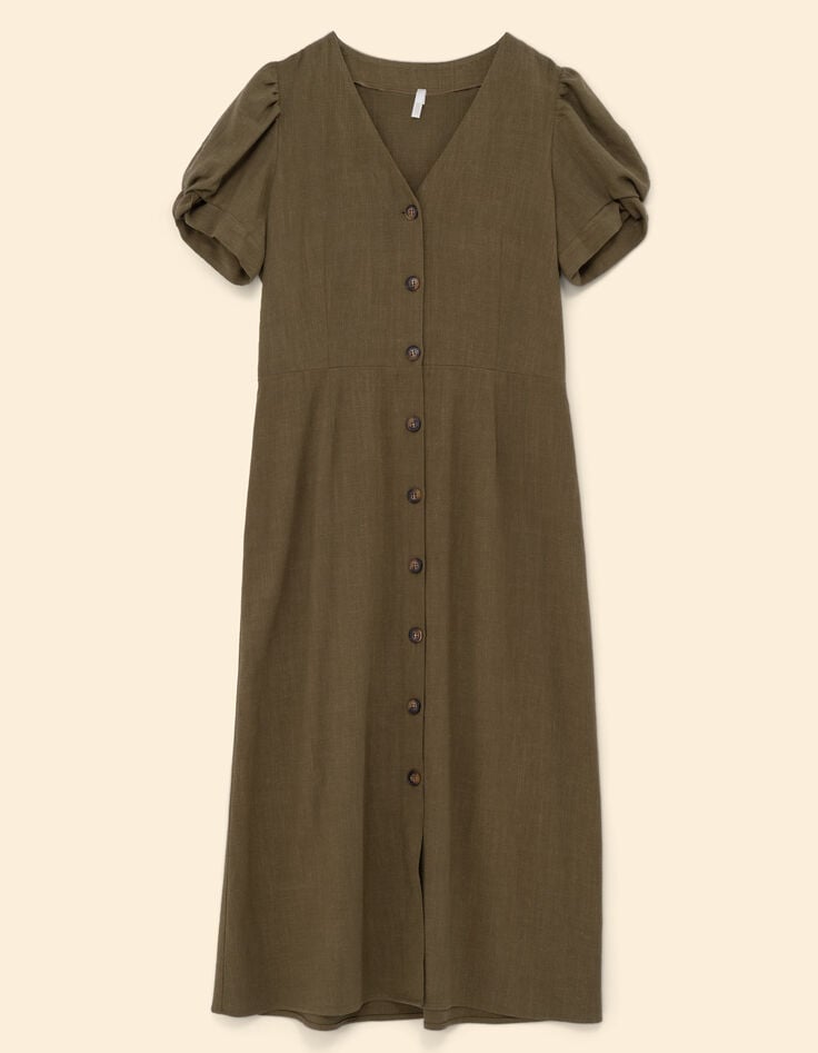 Ikks Robe Midi Kaki Boutonnée Lin Mélangé I.Code