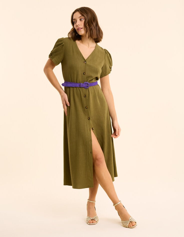 ikks Robe midi kaki boutonnée lin mélangé I.Code