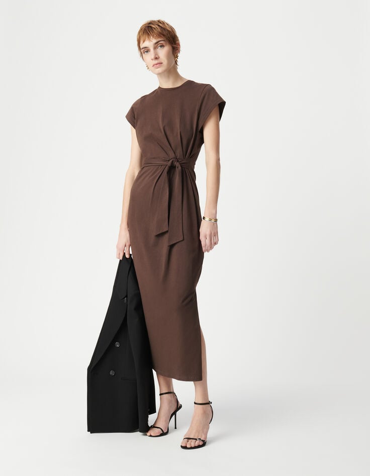 Ikks Robe Midi Marron à Nouer Côté Femme