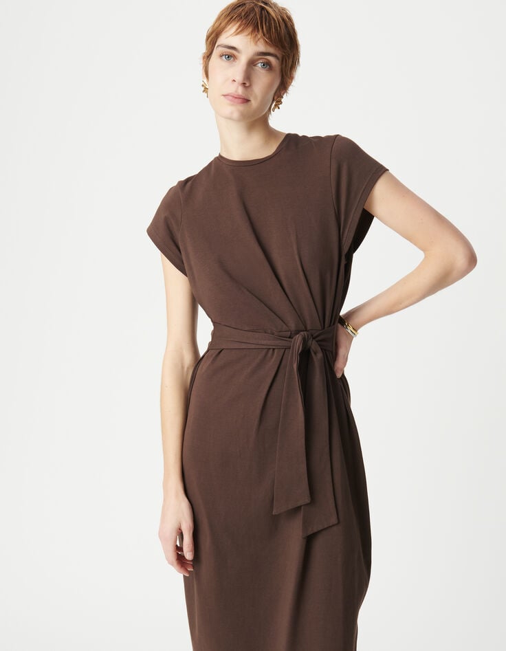 Ikks Robe Midi Marron à Nouer Côté Femme