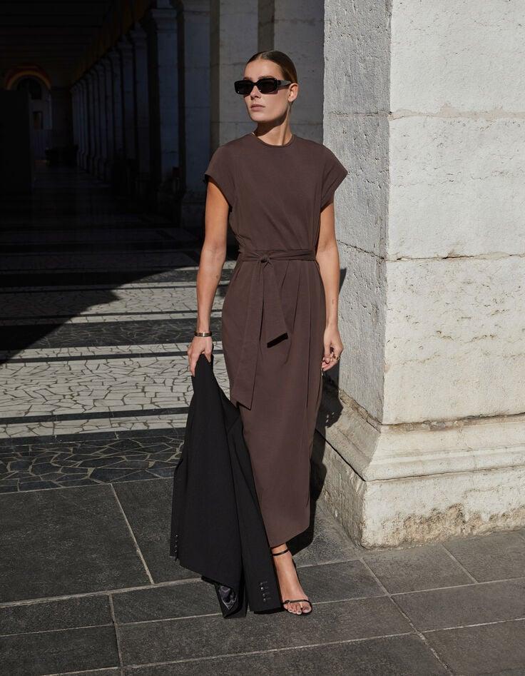ikks Robe midi marron à nouer côté Femme