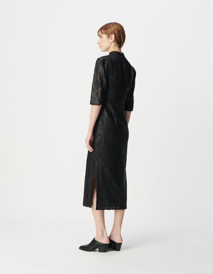 Ikks Robe Midi Noire Dentelle Effet Enduit Femme