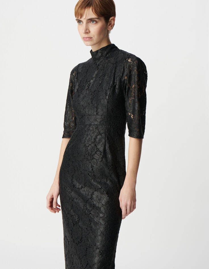 Ikks Robe Midi Noire Dentelle Effet Enduit Femme