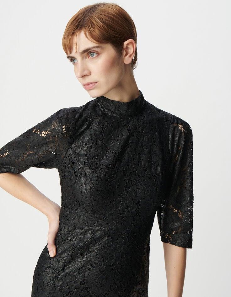 Ikks Robe Midi Noire Dentelle Effet Enduit Femme