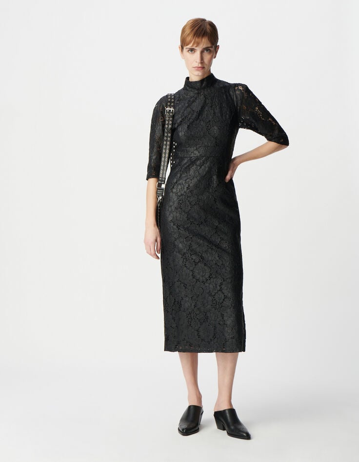 ikks Robe midi noire dentelle effet enduit Femme