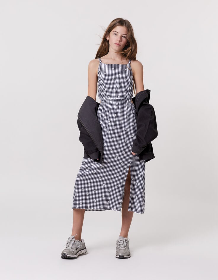 Ikks Robe Midi Noire Imprimé Vichy Et Fleurs Fille