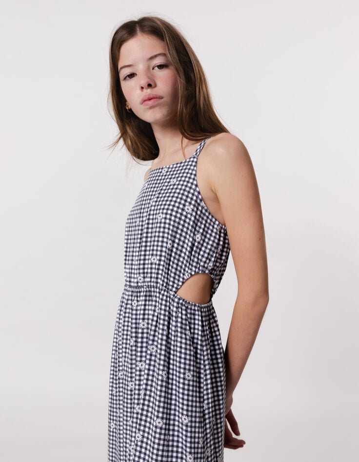 Ikks Robe Midi Noire Imprimé Vichy Et Fleurs Fille