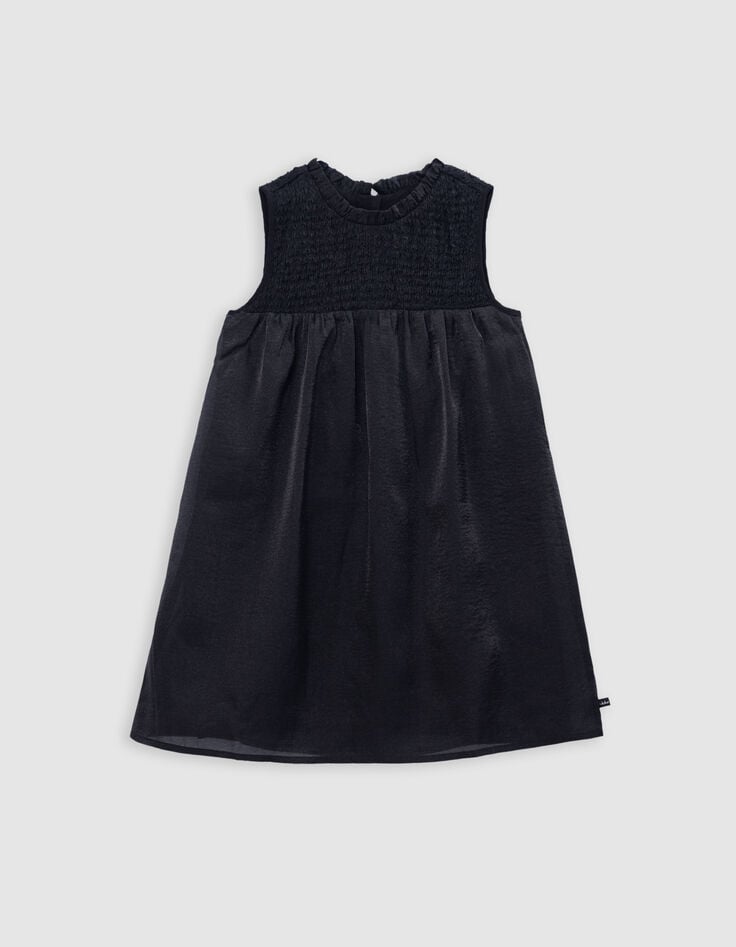 Ikks Robe Noire Satinée Smocks Sur Plastron Fille