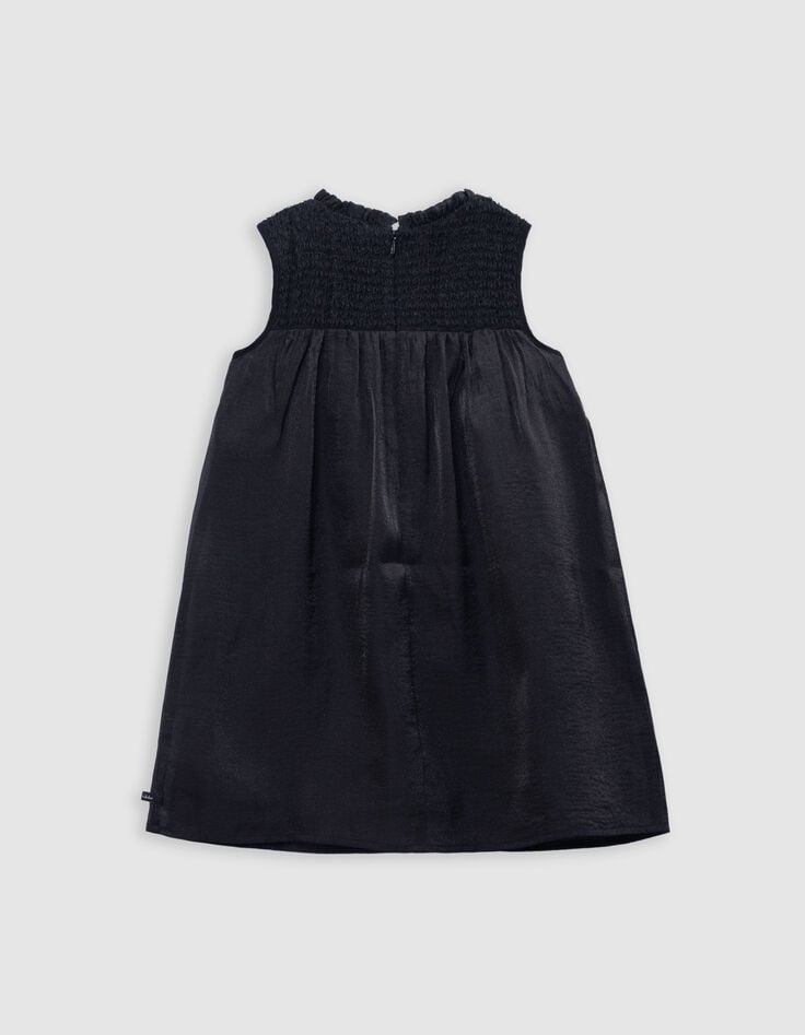 Ikks Robe Noire Satinée Smocks Sur Plastron Fille