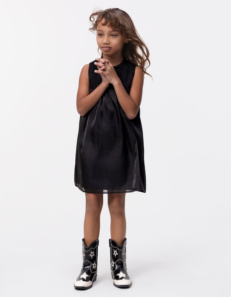 ikks Robe noire satinée smocks sur plastron fille