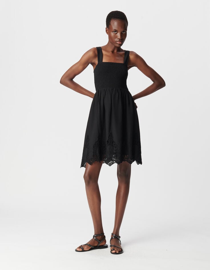 Ikks Robe Noire Smockée Borderie Dentelle Femme