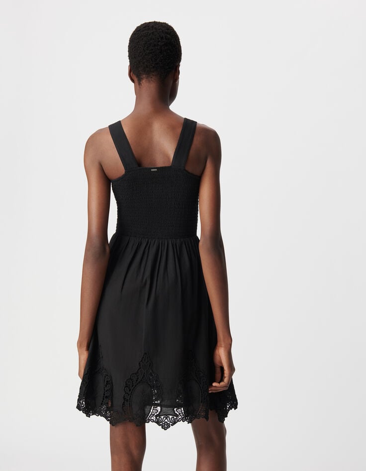 Ikks Robe Noire Smockée Borderie Dentelle Femme